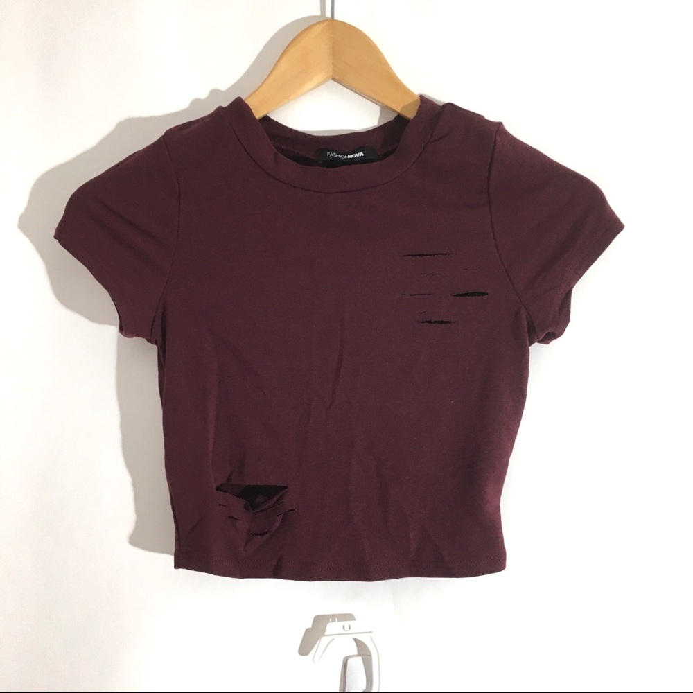 Fashion Nova Distressed Burgundy Crop Top - Picture 6 of 7